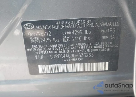 2013 Hyundai Sonata Se from USA, damaged, VIN 5NPEC4AC9DH633263